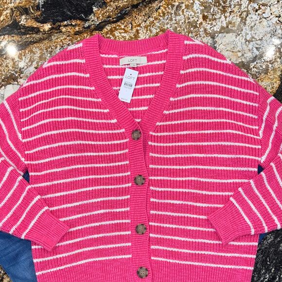 NWT LOFT Neon Pink and White Striped Relaxed V-Neck Cardigan - Picture 5 of 10